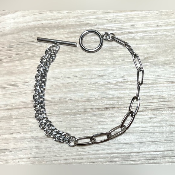 Asymmetrical Stainless Steel Paper Clip Toggle Bracelet, 8” - Picture 4 of 5